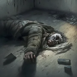 Alone and forsaken, on the verge of dying, lying down with gunshot wound to the stomach, realistic