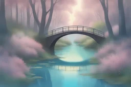 Un chemin dans une foret bordé de petites fleurs, un petit pont et une rivière turquoise, une barque sur la rivière, une ambiance douce, des couleurs pastels, un ciel bleu intense avec des petits nuages roses, des rayons de soleil. Ambiance magique et sereine