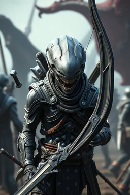 Aliens , d&d character art masculine features, with daggers light armour and a bow, deep coal-gray skin, 8k, 3d cgi, unreal engine 6, high detail, intricate, cinematic battle background