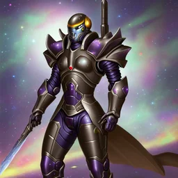 A battle suit made of galaxies and stars with a glove that has seven endless stones Battle armor from the extract of galaxies Battle armor from the extract of galaxies with a fiery sword