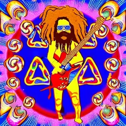 hippie Santa playing electric guitar psychedelic peace sign, MUSHROOMS, TRIPPY, ACID, LSD, dreadlocks