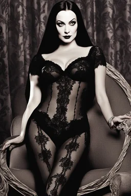 Morticia Addams knew that the right choice of lingerie was essential to ignite the flames of desire within men. Her slender fingers glided over delicate fabrics, exploring the intricate lace and satin. Her eyes danced with anticipation as she considered the possibilities. She sought a piece that would accentuate her curves, tantalize the senses, and leave an indelible mark on Dr. Locust's imagination. Finally, Morticia's gaze settled on a black lace ensemble, adorned with intricate floral patter