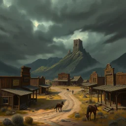 a small wild west town with gloomy skies fantasy art