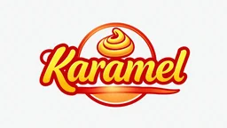 A round logo named (karamel) designed for a confectionary with a red gold color theme on a white background and the use of a chocolate toffee cream candy symbol.