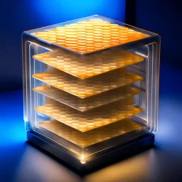 a futuristic translucent neurocube, inside the cube there are partitions made of honeycomb plates