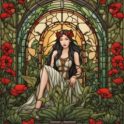 Stained Glass Art Nouveau art style A beautiful as a model asian woodland elf princess who looks like a young Lucy Liu seated on a throne surrounded by poppies and marijuana leaves in a mystical forest, photo-realistic