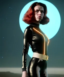 retro sci-fi portrait image from 1960, supermarket parking explosion, young Scarlett Johansson, classic black tight lycra latex suit, gold bracelet and belt, long hair, soft color, highly detailed, unreal engine 5, ray tracing, RTX, lumen lighting, ultra detail, volumetric lighting, 3d, finely drawn, high definition, high resolution.