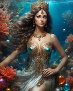 Fullbody excellent pose gorgeous photography art realistic,cinematic realistic colors,soft blur ,natural beauty, of young woman, smiling, beautiful, shiny grey eyes, make up,Queen Persian style, shiny baubles, ornate, large gemstones, shiny molten metalics, shiny wire filigree, brown hair, high definition, Walk in underwater scene teeming with colorful coral, many full fishes swim, and gentle sea turtle