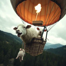 Horror movie still, Wide angle photograph, an excited sheep in a hot air balloon with a scared pig hanging from a rope dangling down from hot air balloon basket, forest and mountains in the background, cloudy skies, color photo, low contrast, absurd