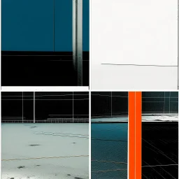 Minimal contemporary abstract oil paintings of desolate 1960s carpark with road markings and concrete fragments. Overlay with grungy typography graphics. style of Justin Mortimer and Francis Bacon.