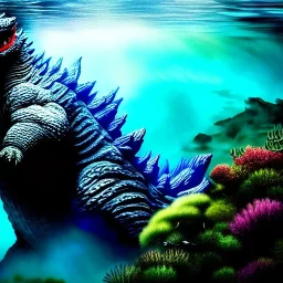 ultra detailed fullbody portrait of Godzilla underwater, extremely detailed digital painting, intrincate, extremely detailed face,crystal clear Big eyes, in the style of rafael sanzio, mystical colors , perfectly centered image, perfect composition, rim light, beautiful lighting, 8k, stunning scene, raytracing