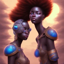 sango fantasy, fantasy magic, intricate, sharp focus, illustration, highly detailed, digital painting, concept art, matte, masterpiece head sexy African beauty black afro hair space lady blue beach sunset