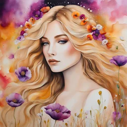 Alcohol ink art. Vibrant, fantasy, delicate, ethereal. A young woman, very long wild wavy, golden blond hair, bright orange and white poppies and magenta flowers woven through hair, very long eyelashes. Head thrown back. Faberge gold and gems details. Background ink drip.