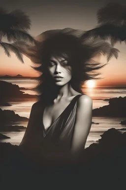 high quality, 8K Ultra HD, A beautiful double exposure that combines an goddess silhouette with sunset coast, sunset coast should serve as the underlying backdrop, with its details incorporated into the goddess , crisp lines, The background is monochrome, sharp focus, double exposure, by yukisakura, awesome full color,