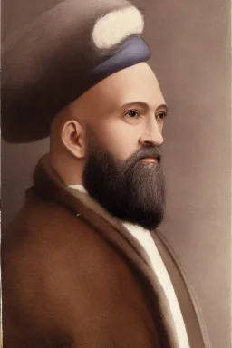 White skin bald man with brown beard and blue eyes in elegant coat and hat