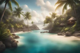Tropical island Photography is detailed, clear picture, intricate details, beautiful lighting, pencil sketches, watercolors, dramatic lighting, soft focus, warm light, sharp edges, LNF HD, depth of field, surrealism, award-winning