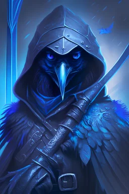 A humanoid raven with glowing blue eyes, leather straps, hooded, fantasy, digital painting, portrait, holding a longsword