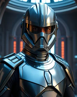 star wars bald male corellian pilot wearing pearlescent black and gunmetal grey First Order special forces heavy assault stealth commando armor and helmet with mirrored visor and gold and metallic red trim inside the jedi temple, hyperdetailed, dynamic lighting, hyperdetailed background, 8k resolution, volumetric lighting, light skin, fully symmetric details