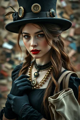 adult, woman, necklace, steampunk hat, delicate features, unique style, pale skin tone, dark eyes, dark lipstick, regal rebell-steampunk dress, dark dress, black elbow gloves, long hair, holding an mecha-cotton bag, ethno steampunk style, whimsical vibe, high detalied, realistic, cinematic, random background