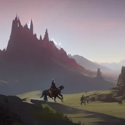  mountains with medieval knight in armour traveling on a horse in the background