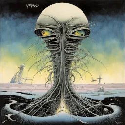 "VOIVOD" Album cover for "THE OUTER LIMITS", by Tomi Ungerer and Gerald Scarfe, surreal composition, technically perfect smooth, mind-bending illustration, dramatic album art, muted colors, minimalism