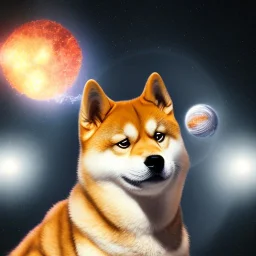 orb lights flying around a shiba inu, in space