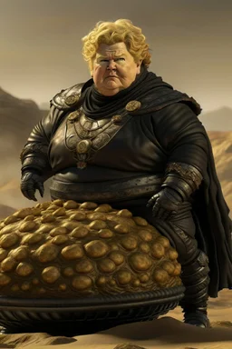 Erna Solberg as fat floating harkonen boss on elvated podium in a rocky desert scene from dune, shot on Hasselblad h6d-400c, zeiss prime lens, bokeh like f/0.8, tilt-shift lens 8k, high detail, smooth render, down-light, unreal engine, prize winning