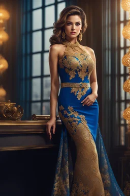 full body Office women, gorgeous, glamours, ,clean face, showing in 4k format, intricate work of magical art, movie poster, full body, gold and blue lace dress, in cg society trends, complex, very detailed bright, staged rendering of the character, super high quality model, beautiful face, background in style bokeh