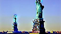 A Tesla's 'Model S Plaid' is parked, under the Statue of Liberty, in New York city. CINEMATIC. WIDE ANGLE LENS.