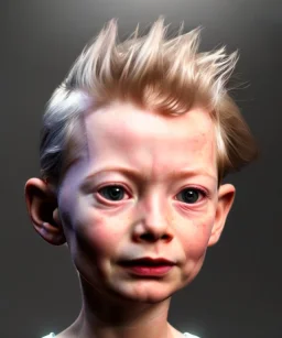 Tilda swinton toddler, full body, shoe, car, soft skin, dramatic lighting, hyper realistic