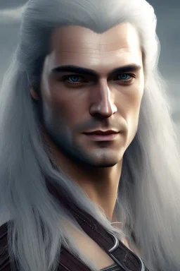 Henry cavil Perfect face, long white hair, wearing The witcher 3