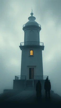 A building of light house by the stormy high wavocean all gray, a shadow of a three creatures with hood looking at the house , foggy, blurry , dark and , like horror movie ,mysterious,painted antique canvas of a Risograph Art of a Art ,into the moody backdrop creates an atmosphere of enchantment and mystery high resolution fine detailed textures fine colors scratches, cracks in the paint in the mix style of Joan Miro Gabriel Pacheco, antique extreme canvas textured, blurry old style