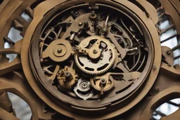 Looking down into a complicated large, old-fashioned clock mechanism with hands