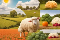 lifelike photography, vegetable and fruit landscape, broccoli forest, chive field, cauliflower sheep, orange sun, whipped milk clouds, raspberry flowers, cheese barn and haystack in sunshine