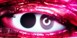 Extreme close-up of the human eye and robotic eye of a cyborg assassin, soulless, gleaming metallic pink to metallic red, cyberpunk technopunk, AbstractTech, rectangular, style of The Terminator