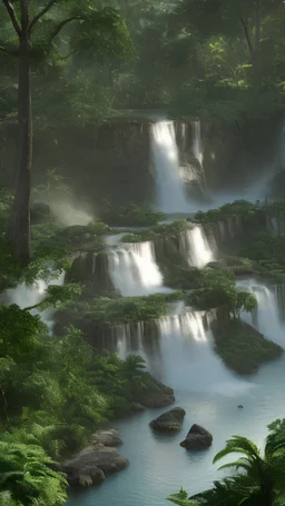 Generate an image of the iconic Dunn's River Falls, with visitors climbing the cascading waterfalls amidst lush greenery.