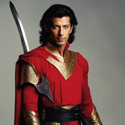 Young Jeff Goldblum with no glasses as a golden skin color fantasy elf with black hair wearing a red tunic and holding a black dagger in left hand