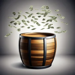 a wooden barrel : 1.5 ) money goes in from above and money comes out from below, ultra quality, vector graphics