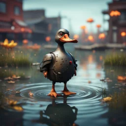 duck devil in pond, in the style of a fallout 4,bokeh like f/0.8, tilt-shift lens 8k, high detail, smooth render, down-light, unreal engine, prize winning