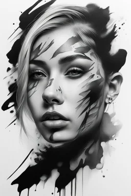 A realistic drawing in negative space black ink on white background of a beautiful girl with abstract brushstrokes face tattoos to enhance her face max enrist