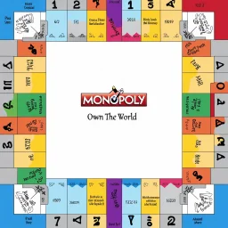 create a custom monopoly style board GAME with: 1 row of EQUAL SIDES 12 SQUARE EACH SIDE WITH A BIG SQUARE IN THE MIDDLE. MAKE THE WRITING IN THE MIDDLE SAY OWN THE WORLD ,