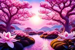 Magic garden with magnolia trees, pink, parma or blue light effects colors, sun, realistic, nice flowers, high contrast, 8k, high definition, concept art, sharp focus