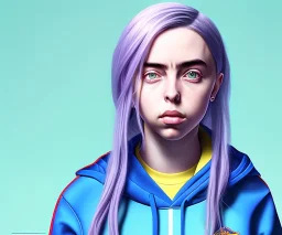 Billie Eilish, ying in the bathroom, ((covering his chest)), photorealistic illustration