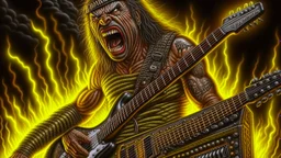 4k full detail, realistic, émission radio hardrock ac dc firestarter terminator iron maiden flammes en fond