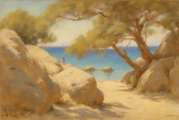 summer, trees, rocks, rihanna influence, henry scott tuke and sidney starr painter impressionism painting