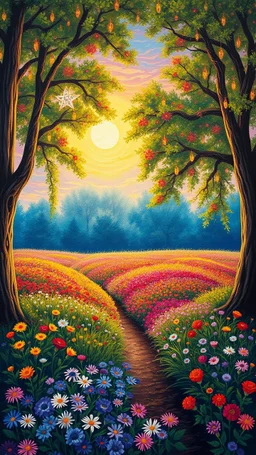 Garden of Eden, trees with hanging stars lights, a beautiful colorful flowers field with a beautiful suny sky , all oil painted picture with a beautiful lighting high quality picture