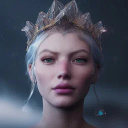 A portrait of a crystalised ices snow and gold queen, atmospheric,fantasy, realistic, unreal engine 5, cinematic lighting, octane render.