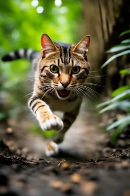 A Cat running very fast in the jungle, front shot, close up, National geographic style, motion blur, sharp focus, 32k