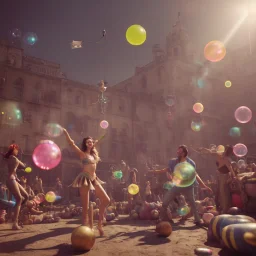 Ultra realistic circus scene. Woodstock style, woman dancing, happy, color bubbles, smooth color, waist up view, Wes Anderson style, a lot of people background, highly detailed, concept art, unreal engine 5, god rays, ray tracing, RTX, lumen lighting, ultra detail, volumetric lighting, 3d, finely drawn, high definition, high resolution.