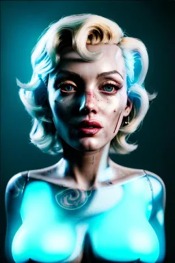 Ultra Realistic image, portrait, blonde woman, sweet Marylin Monroe face, perfect iris, glow eyes, glow makeup. Cyborg, Cyberpunk, ghost in the shell style, oversized transparent latex coat, yakuza tattoos body. fog, rain, soft color, highly detailed, unreal engine 5, ray tracing, RTX, lumen lighting, ultra detail, volumetric lighting, 3d, finely drawn, high definition, high resolution.